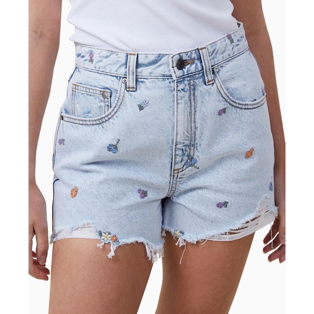 Cotton On Blue Flower Embroidered Jean Shorts Distressed High-Waisted